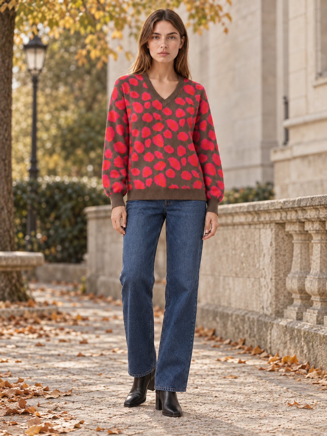 Women’s V-Neck Leopard Print Sweater – Oversized Fit
