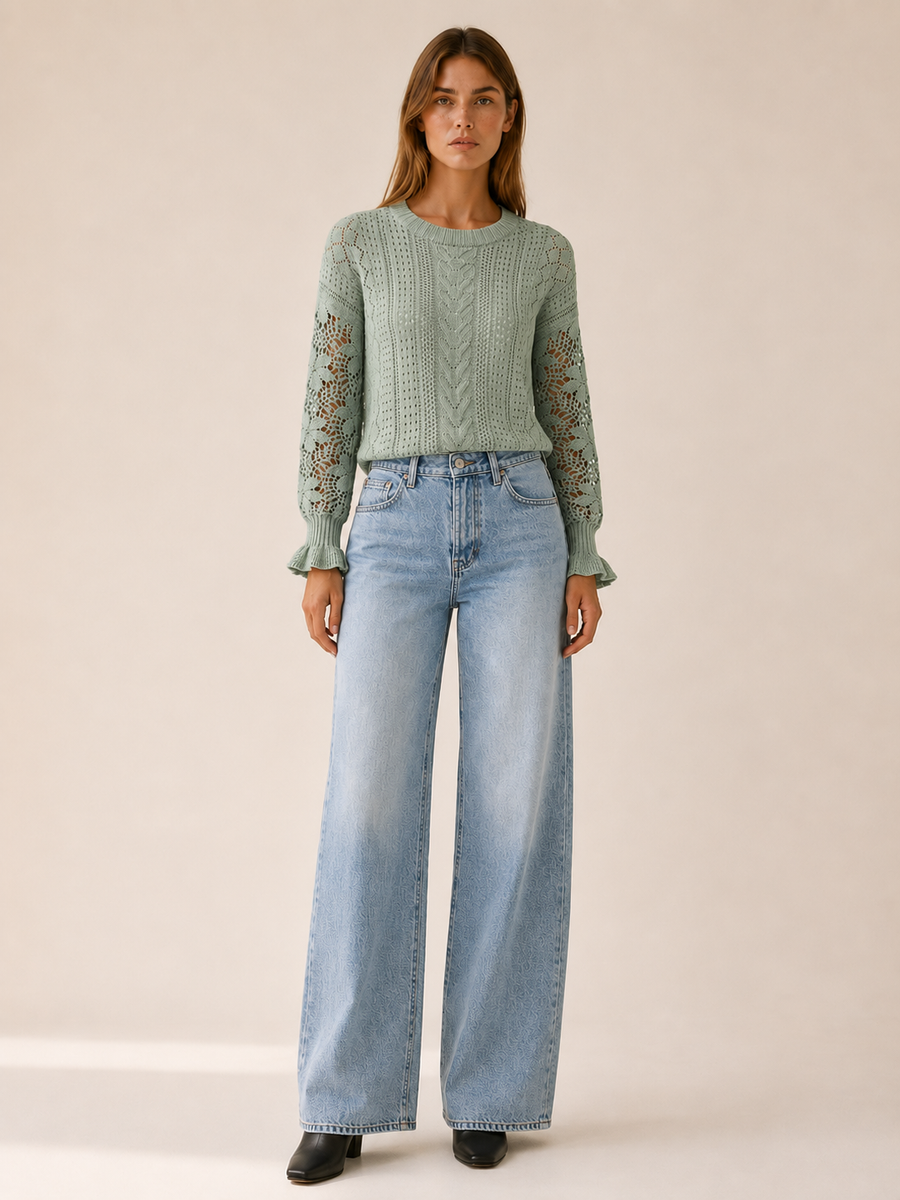 Women's Openwork Knit Jumper with Lantern Sleeves – Relaxed Fit