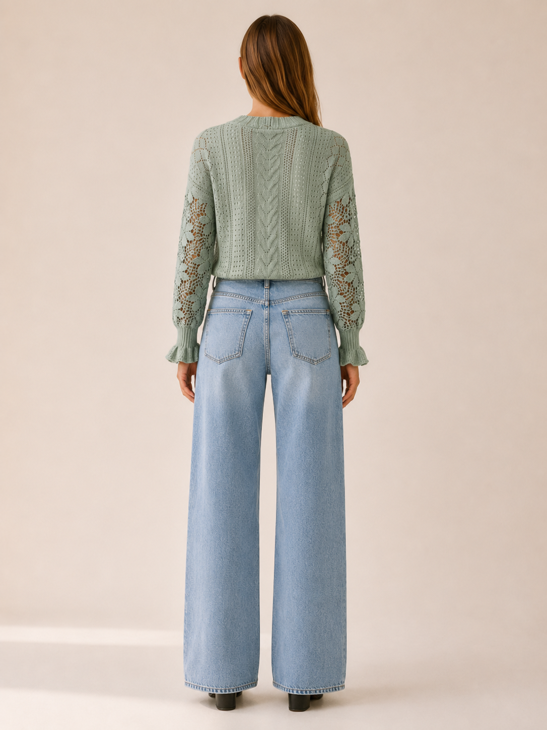 Women's Openwork Knit Jumper with Lantern Sleeves – Relaxed Fit