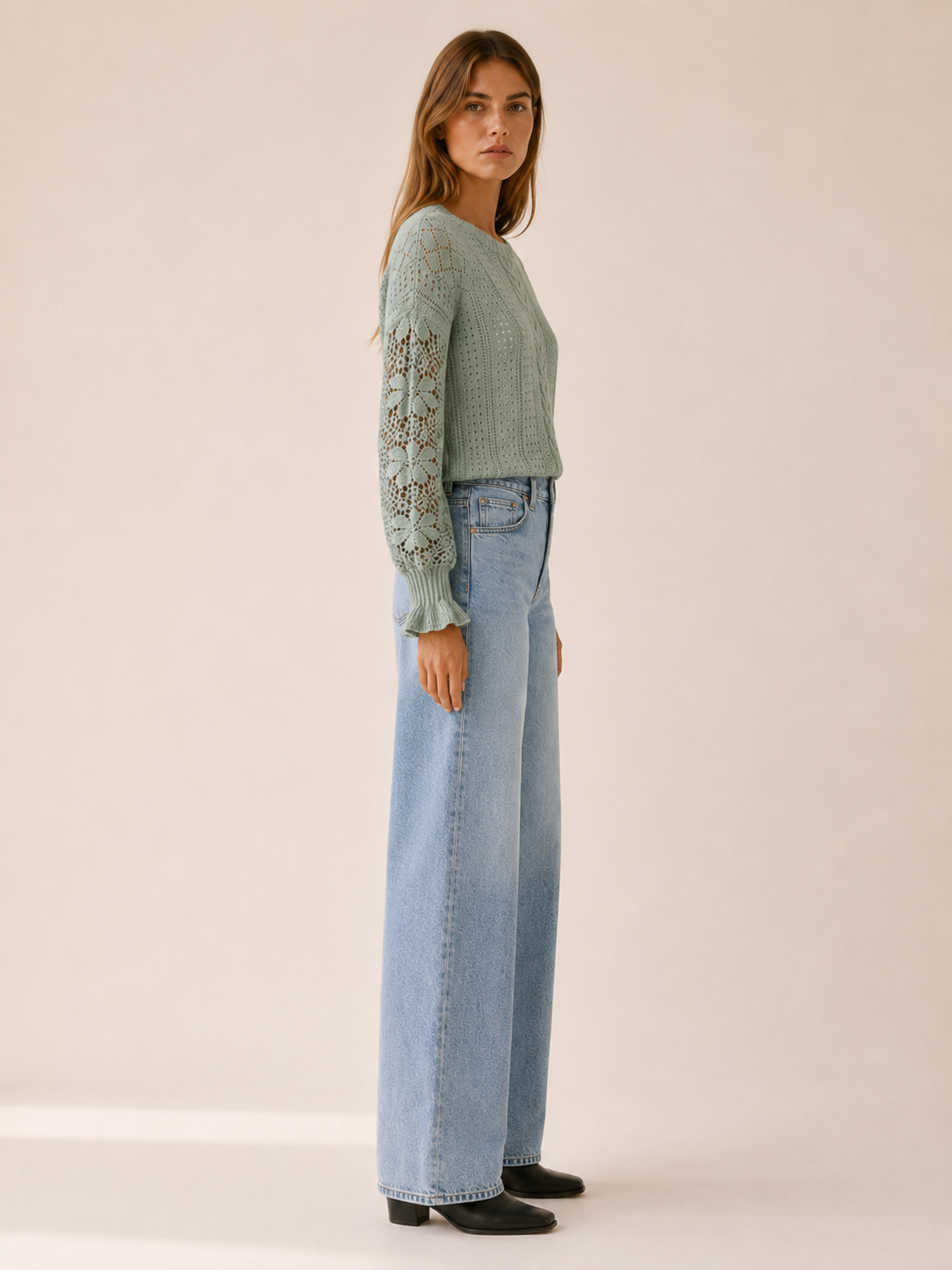 Women's Openwork Knit Jumper with Lantern Sleeves – Relaxed Fit