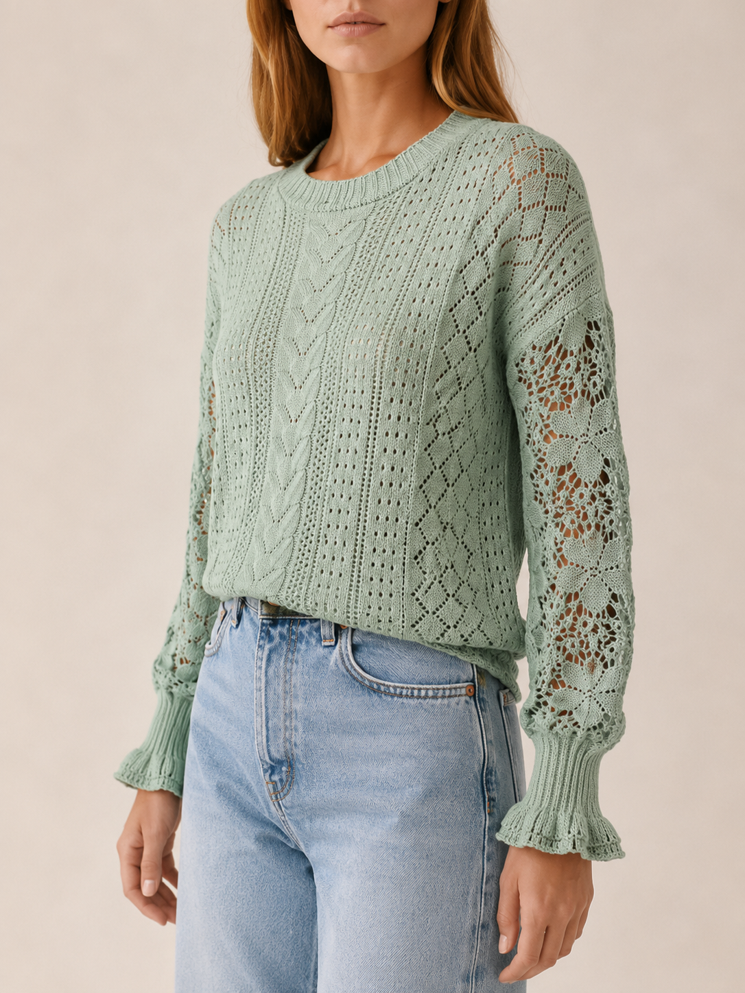Women's Openwork Knit Jumper with Lantern Sleeves – Relaxed Fit