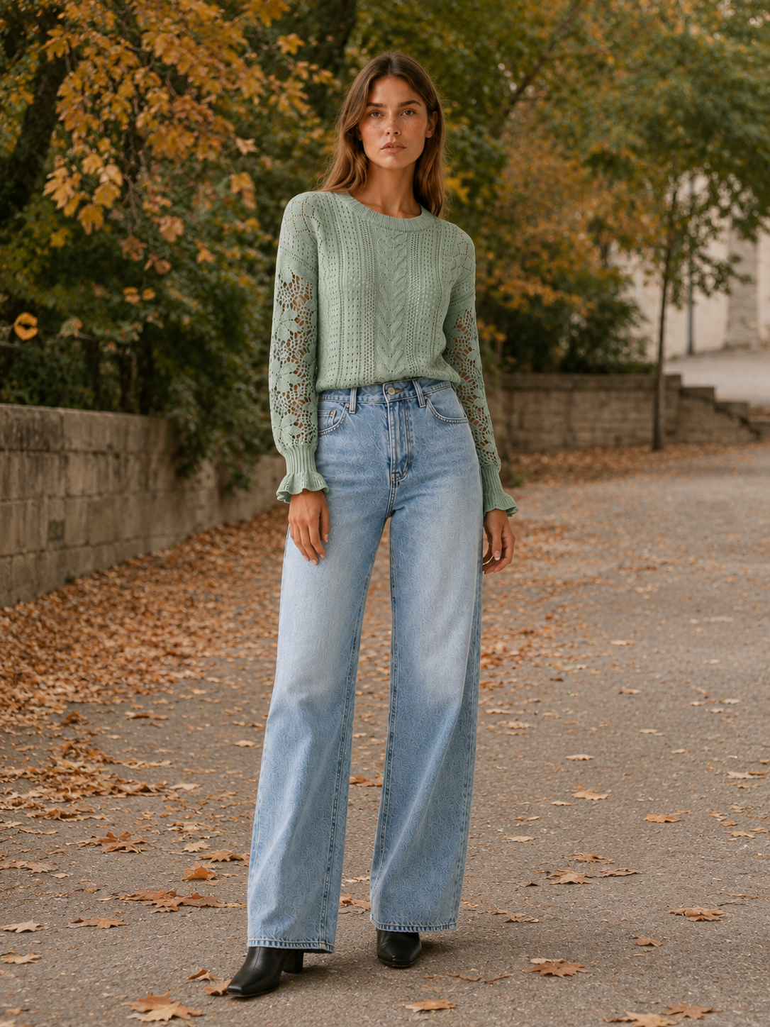 Women's Openwork Knit Jumper with Lantern Sleeves – Relaxed Fit