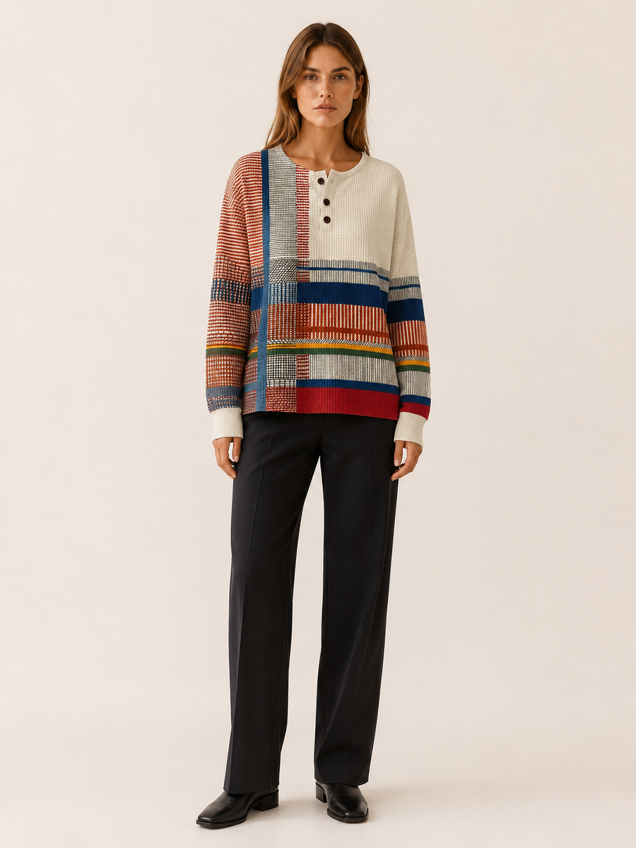 Women’s Geometric Knit Jumper – Button Neck Relaxed Fit