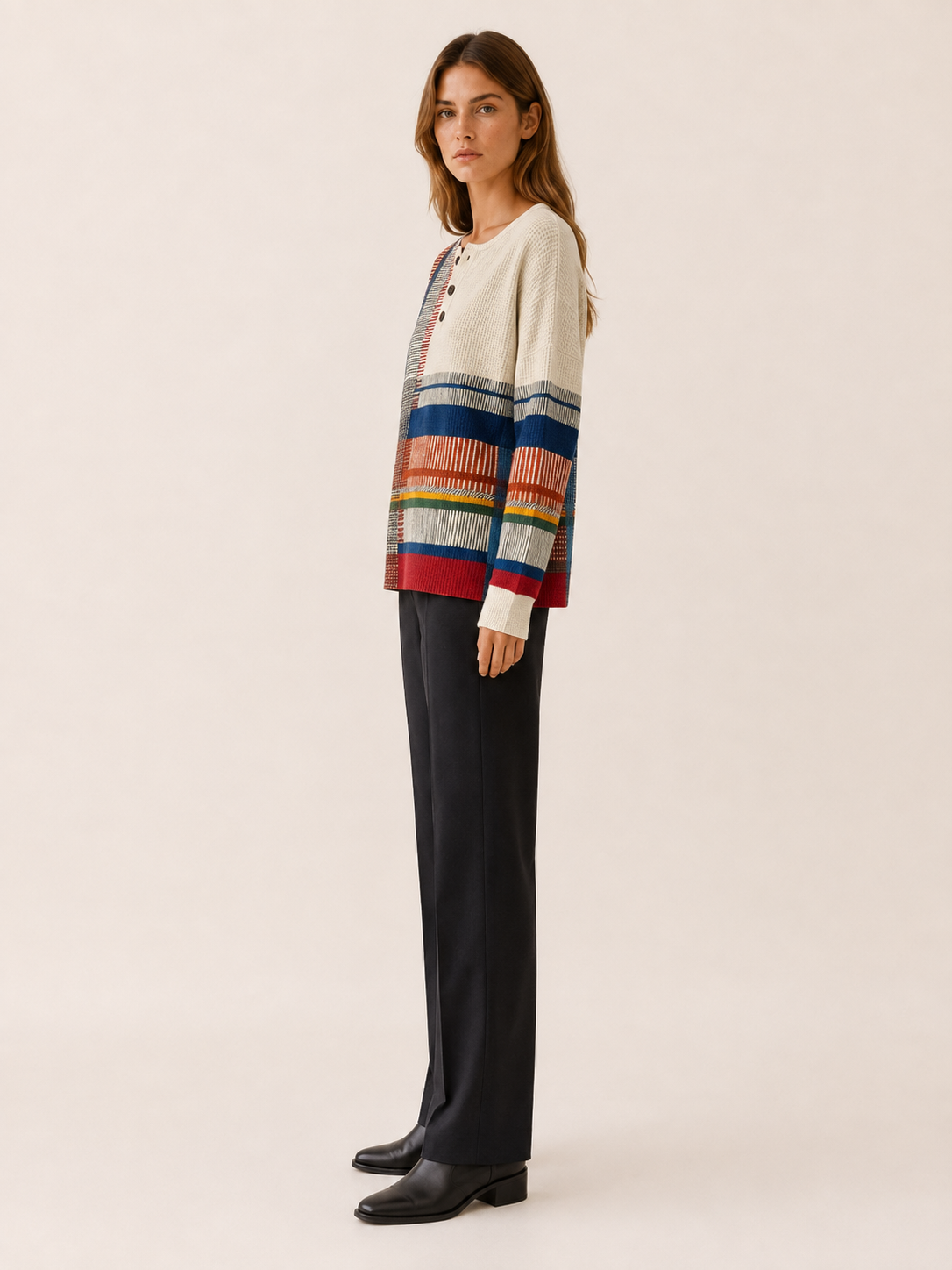 Women’s Geometric Knit Jumper – Button Neck Relaxed Fit