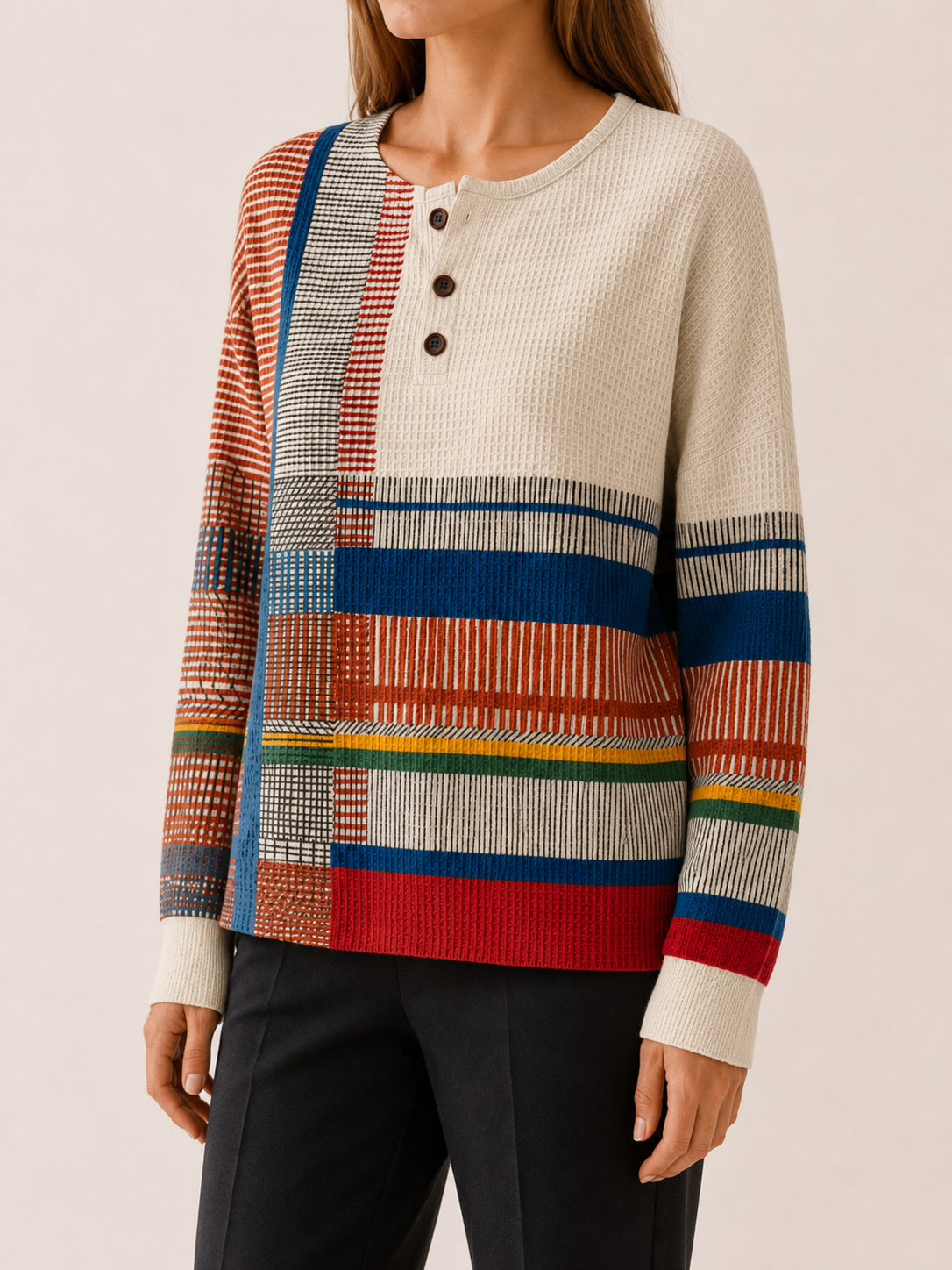 Women’s Geometric Knit Jumper – Button Neck Relaxed Fit