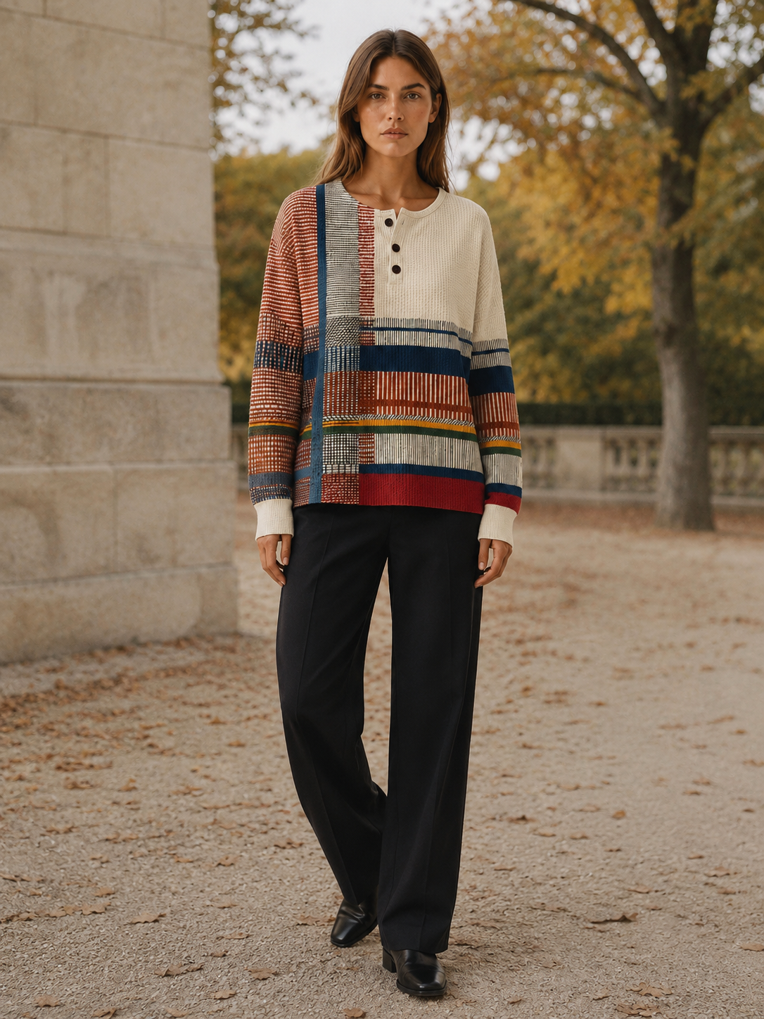 Women’s Geometric Knit Jumper – Button Neck Relaxed Fit