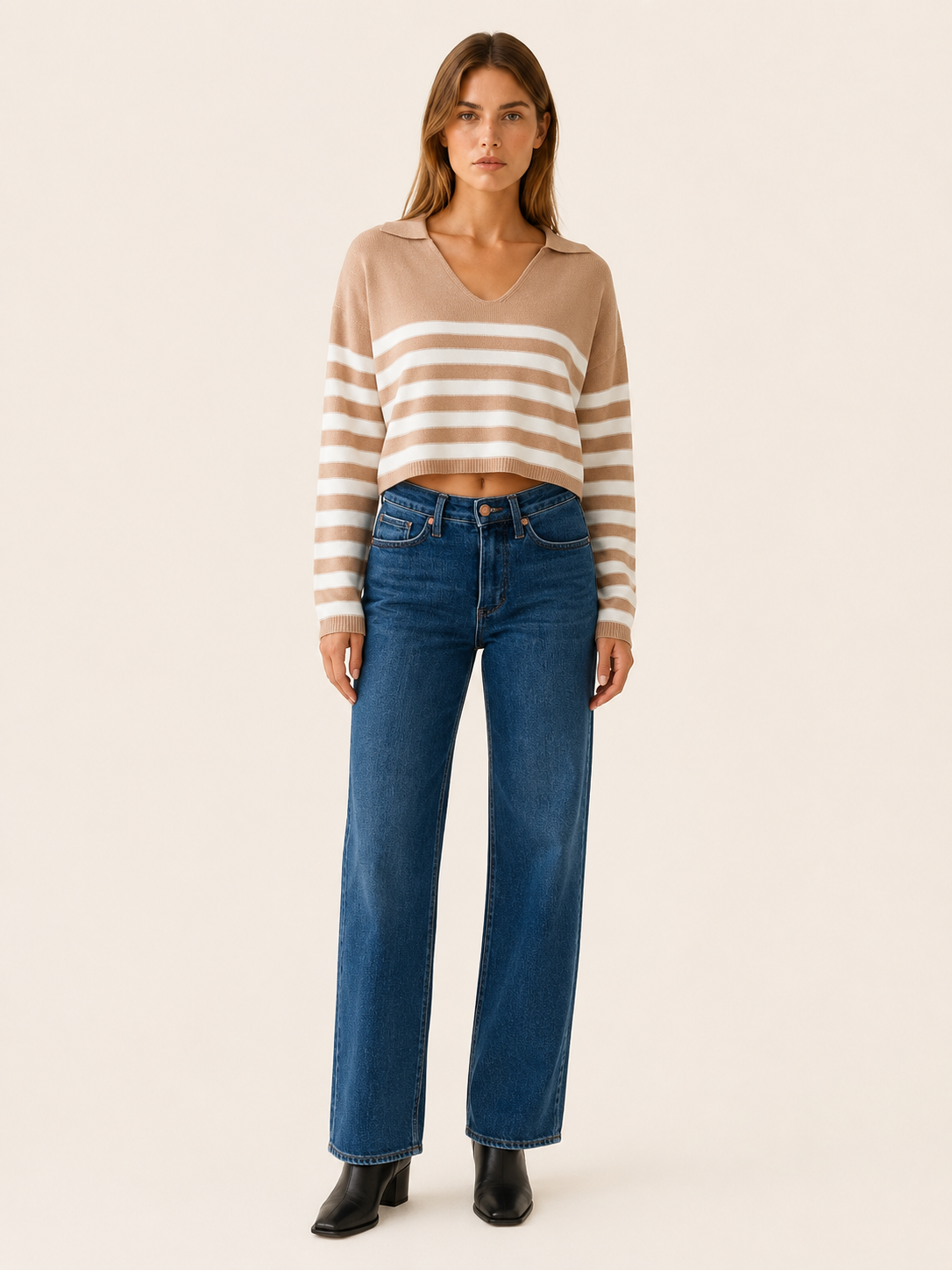 Women’s V-Neck Sweater – Striped Open Collar Cropped Design