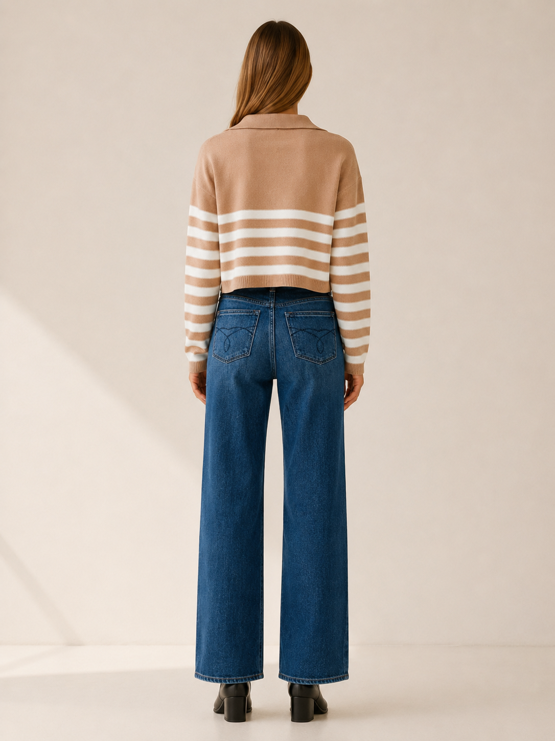 Women’s V-Neck Sweater – Striped Open Collar Cropped Design