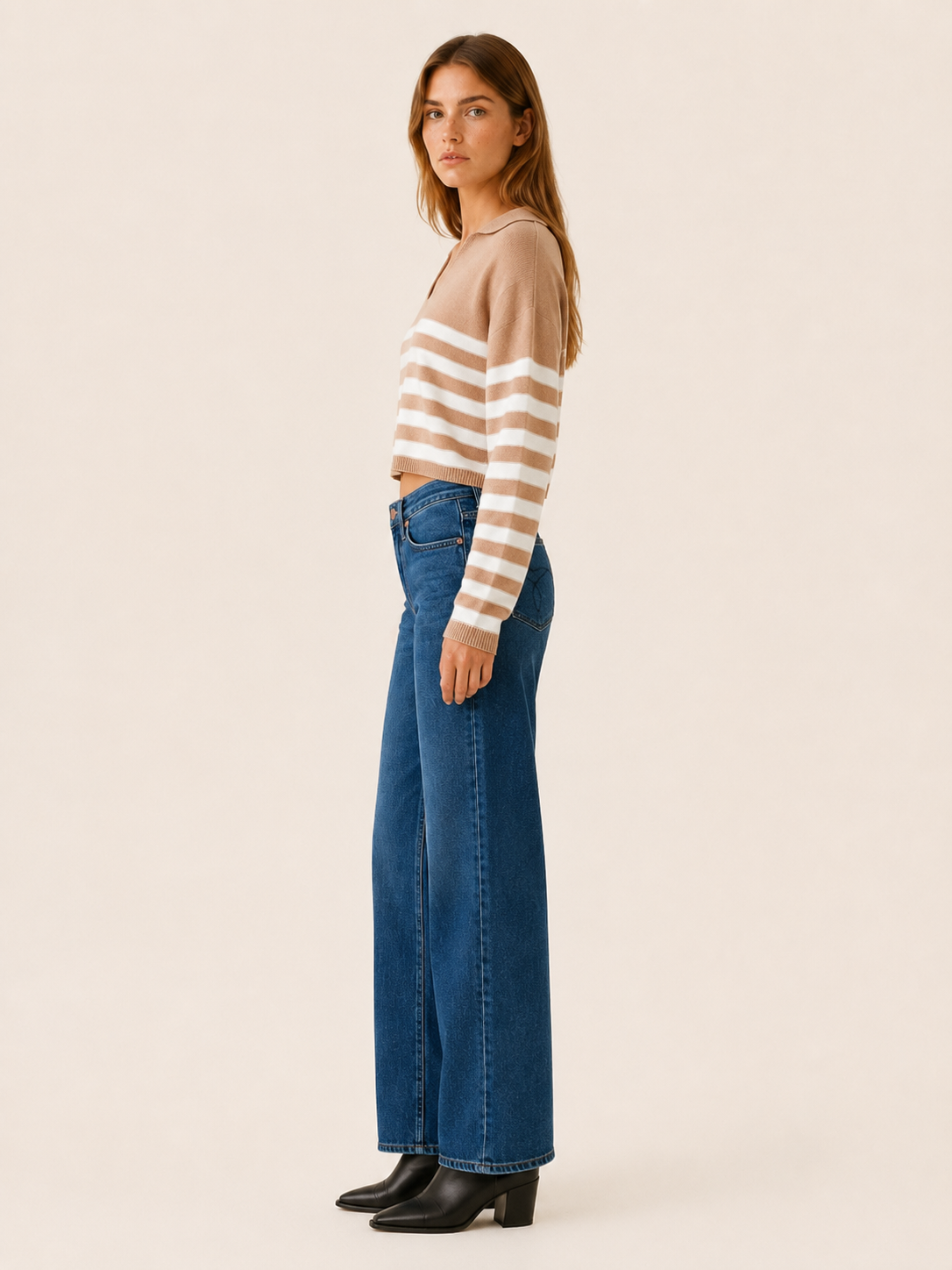 Women’s V-Neck Sweater – Striped Open Collar Cropped Design
