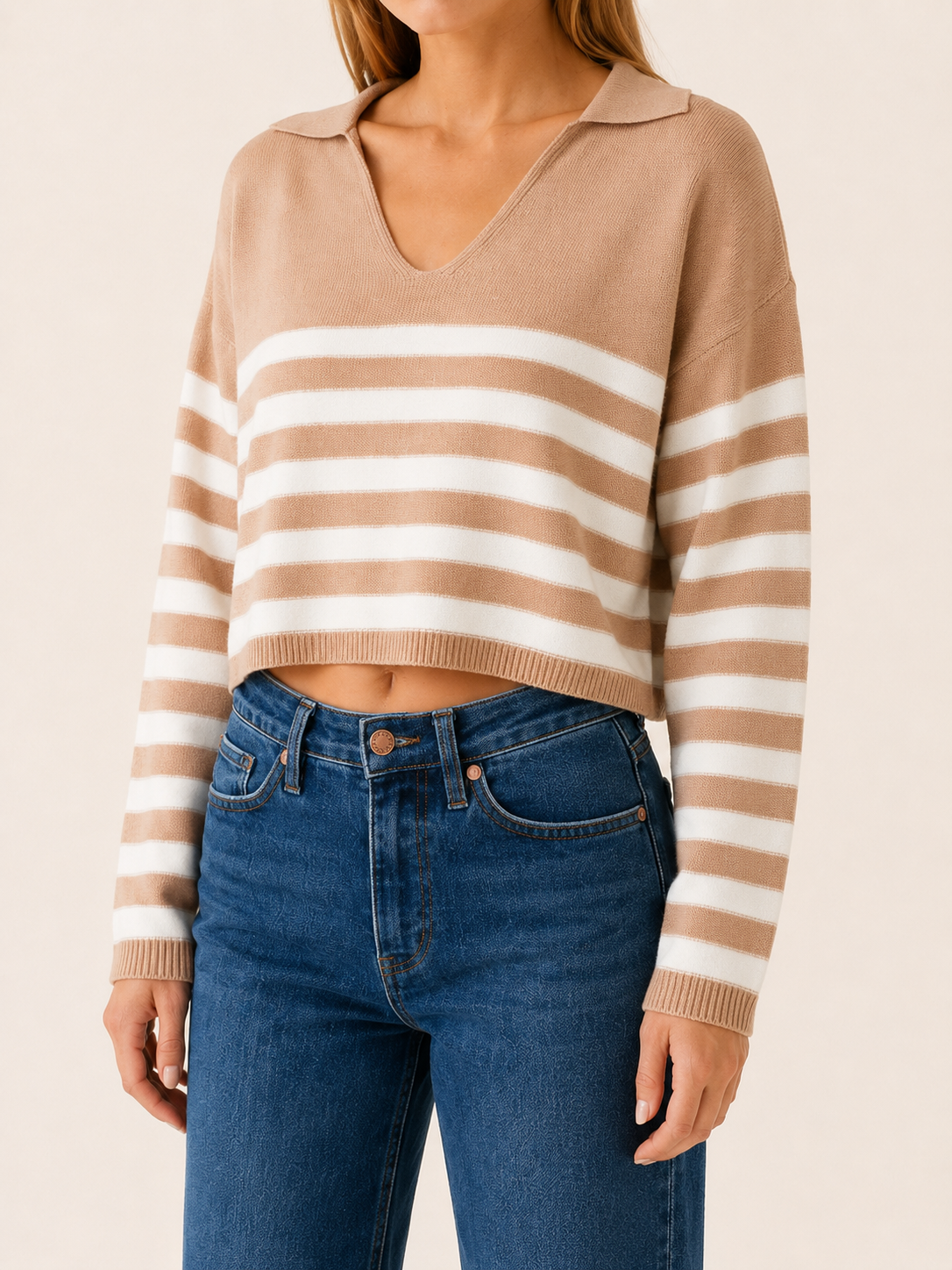 Women’s V-Neck Sweater – Striped Open Collar Cropped Design