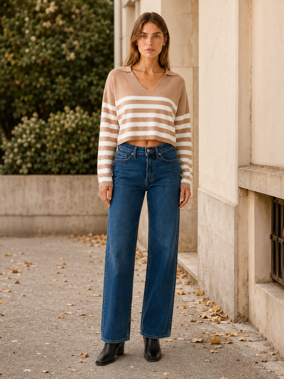 Women’s V-Neck Sweater – Striped Open Collar Cropped Design