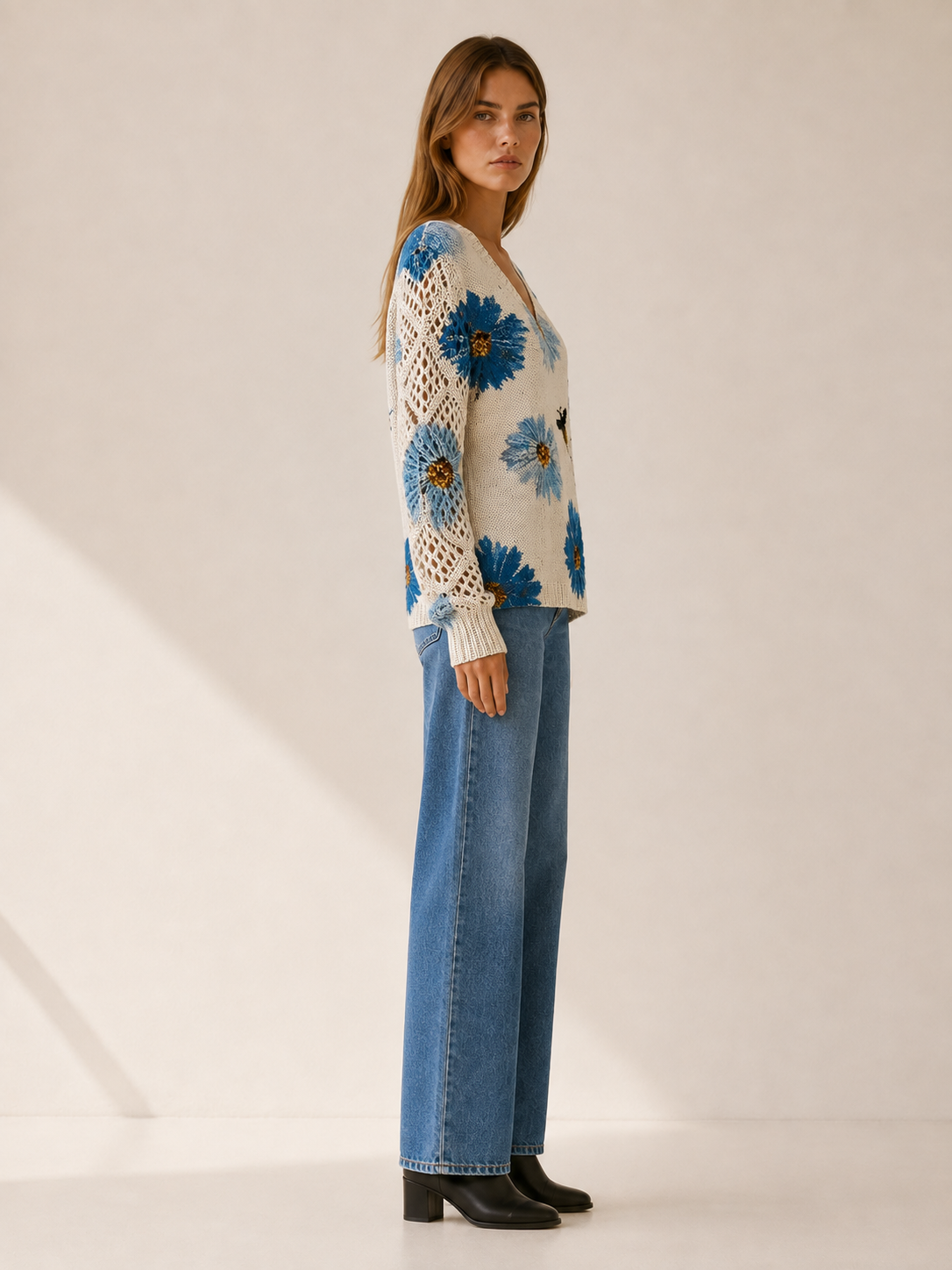 Women’s Floral Knit V-Neck Jumper – Fitted Hem