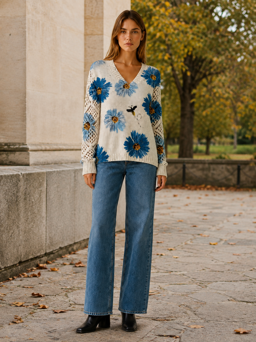 Women’s Floral Knit V-Neck Jumper – Fitted Hem