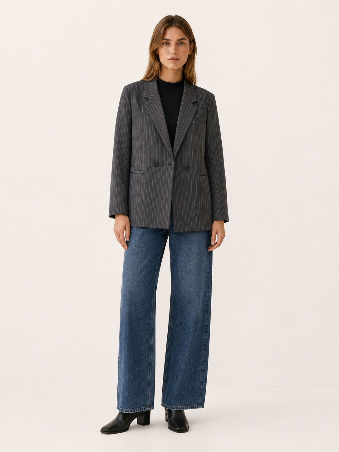 Women's Oversized Pinstripe Blazer – Double-Breasted Front