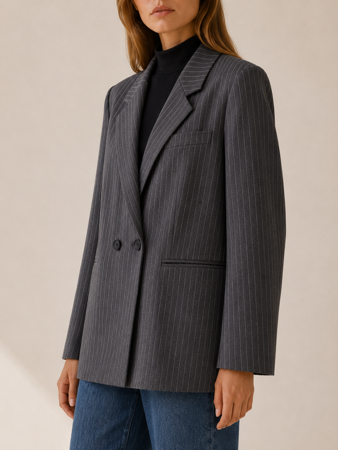 Women's Oversized Pinstripe Blazer – Double-Breasted Front