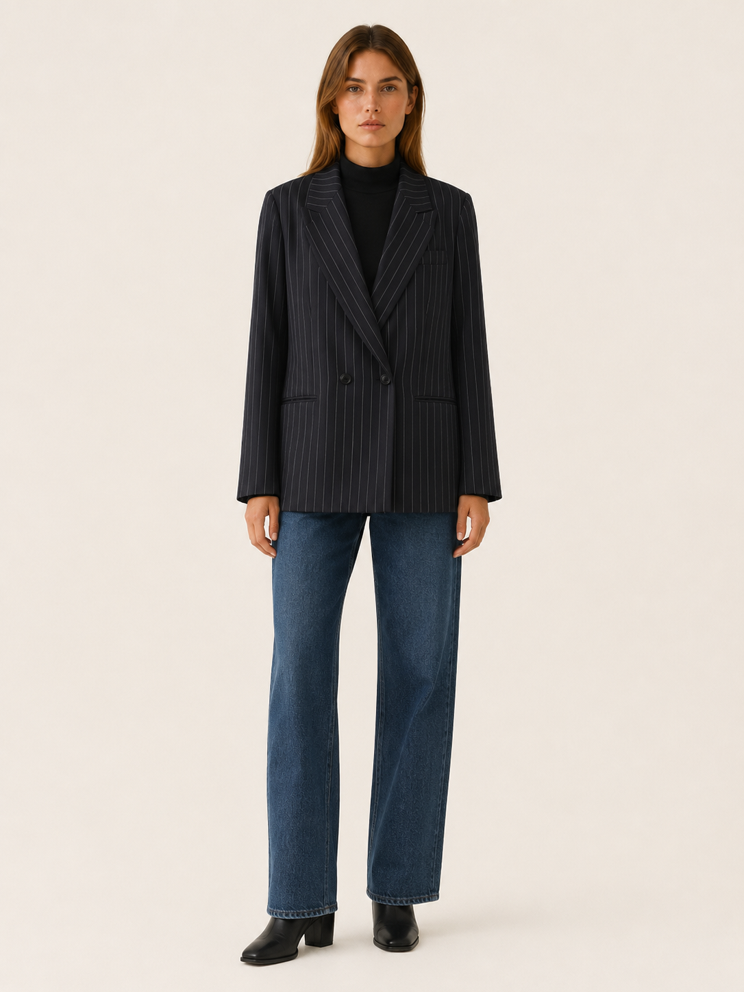 Women's Oversized Pinstripe Blazer – Double-Breasted Front