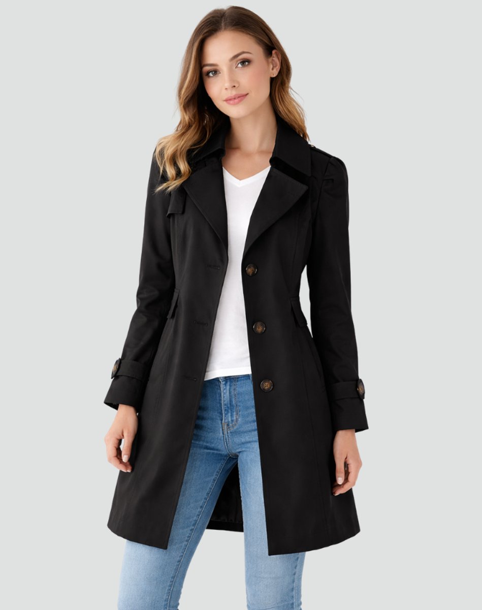 Women’s Tailored Mid-Length Trench Coat with Lapel Collar