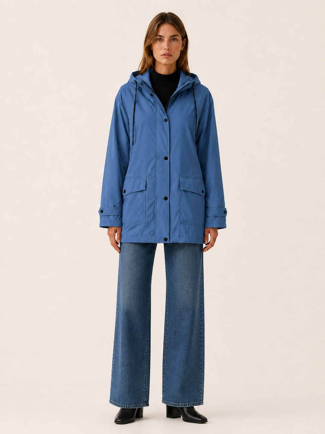 Women’s Longline Hooded Rain Jacket – Lightweight Zip Front