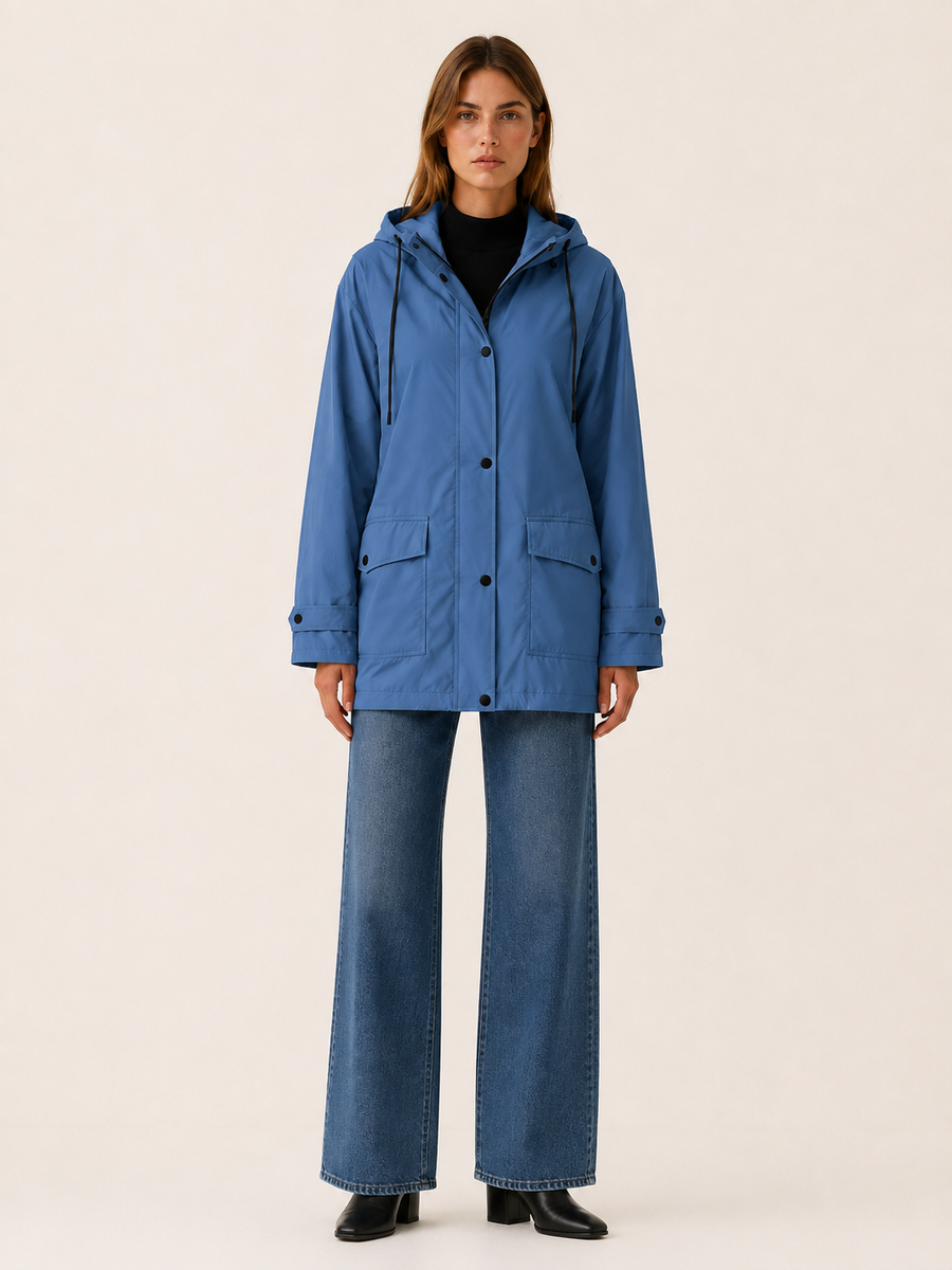 Women’s Longline Hooded Rain Jacket – Lightweight Zip Front