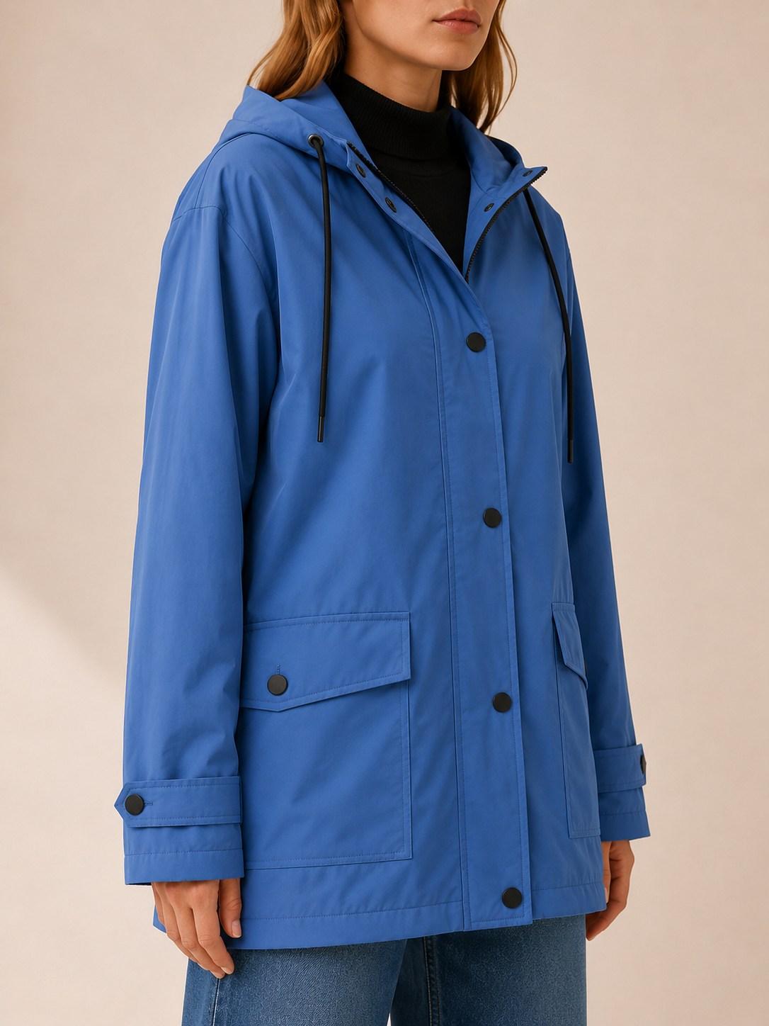 Women’s Longline Hooded Rain Jacket – Lightweight Zip Front