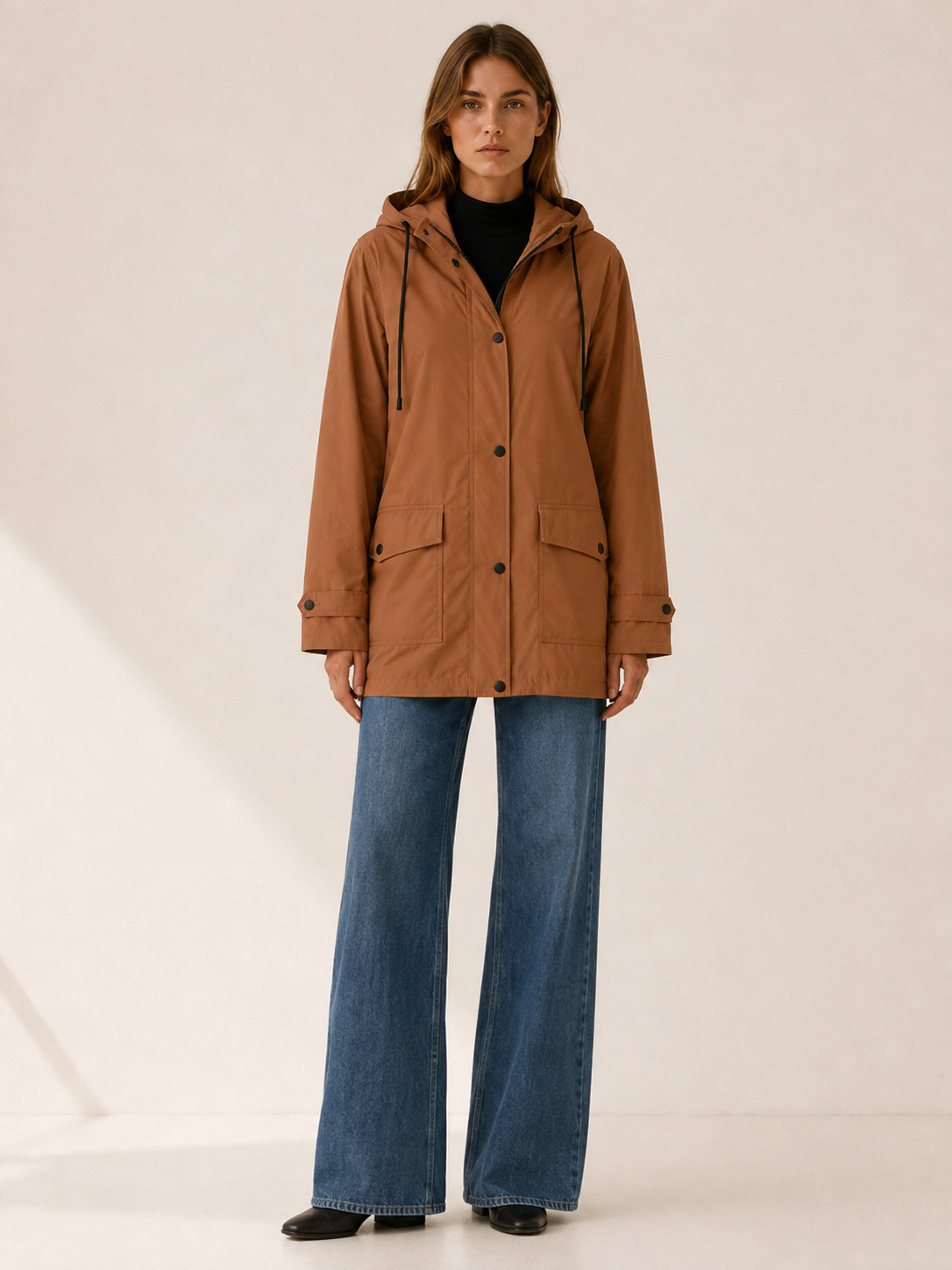 Women’s Longline Hooded Rain Jacket – Lightweight Zip Front