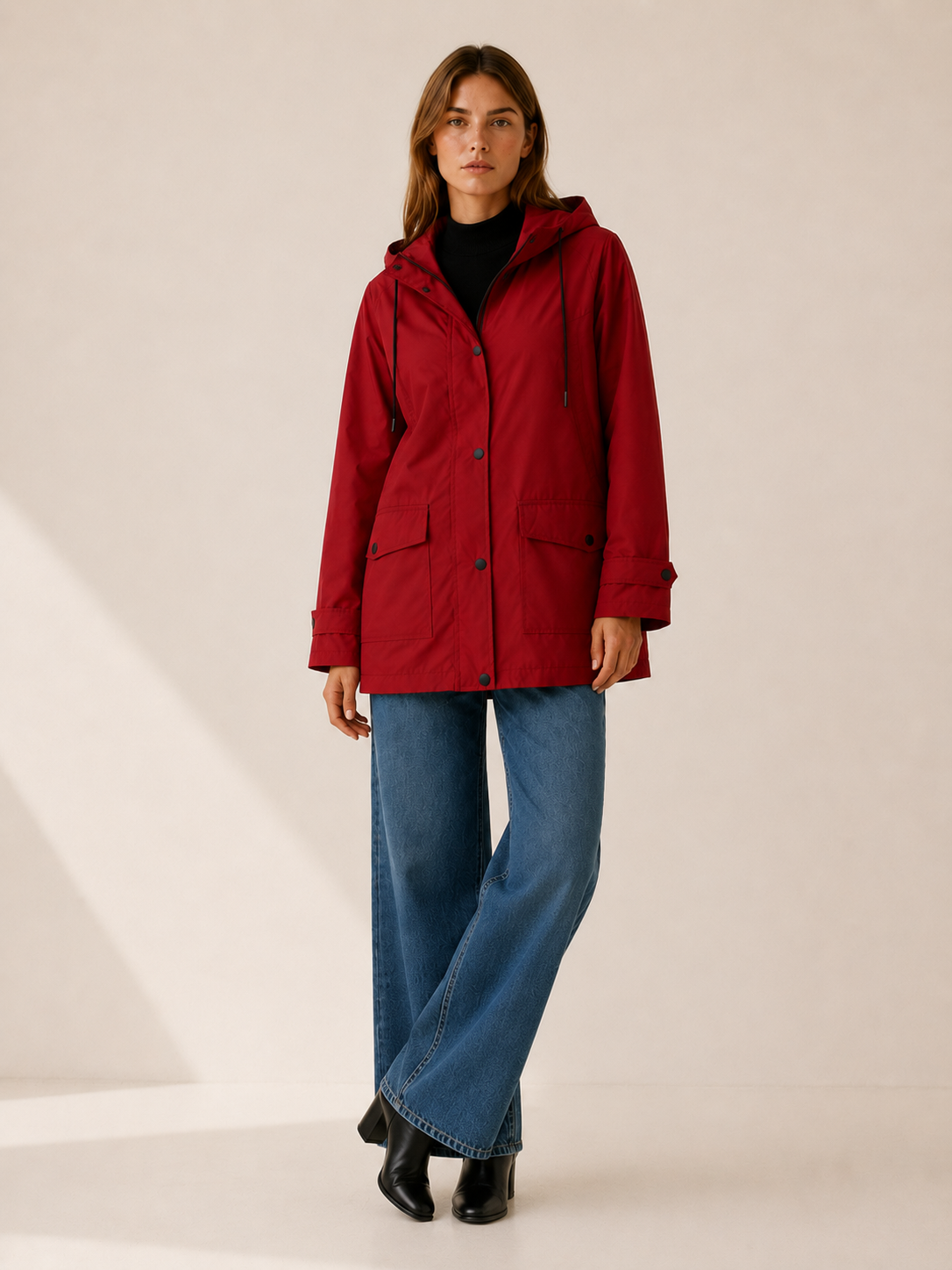 Women’s Longline Hooded Rain Jacket – Lightweight Zip Front