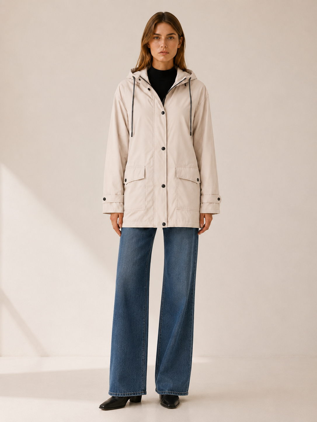 Women’s Longline Hooded Rain Jacket – Lightweight Zip Front