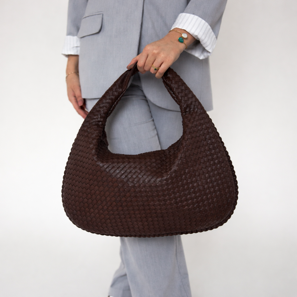 Woven Vegan Leather Hobo Shoulder Bag – Espresso Brown