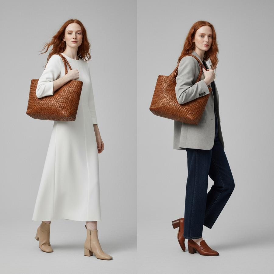 Women's Woven Shoulder Tote Bag – Soft Microfiber Leather