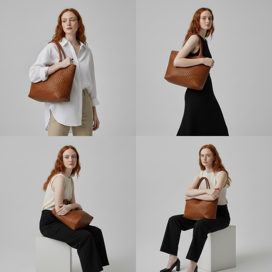 Women's Woven Shoulder Tote Bag – Soft Microfiber Leather