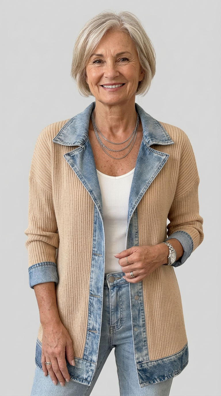 Relaxed Fit Knit Jacket with Denim Accents