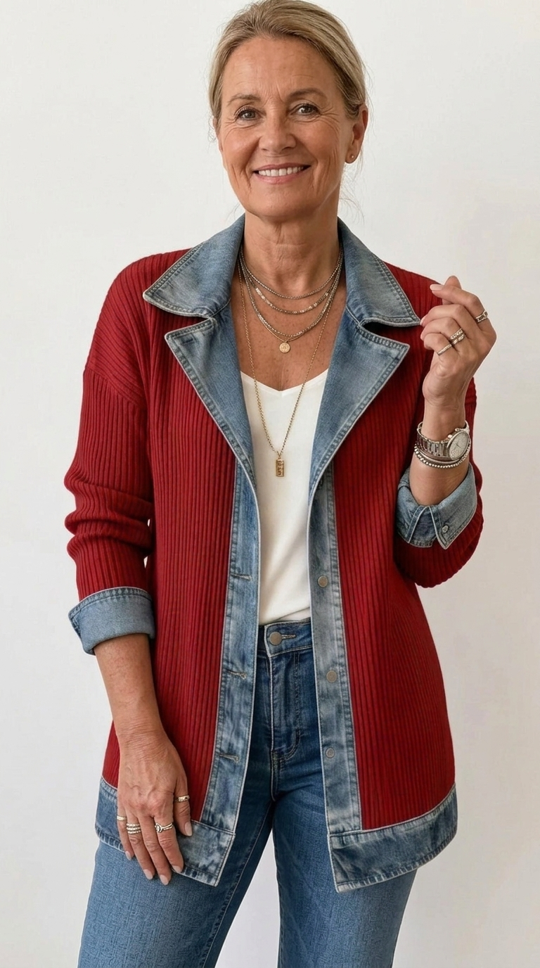 Relaxed Fit Knit Jacket with Denim Accents