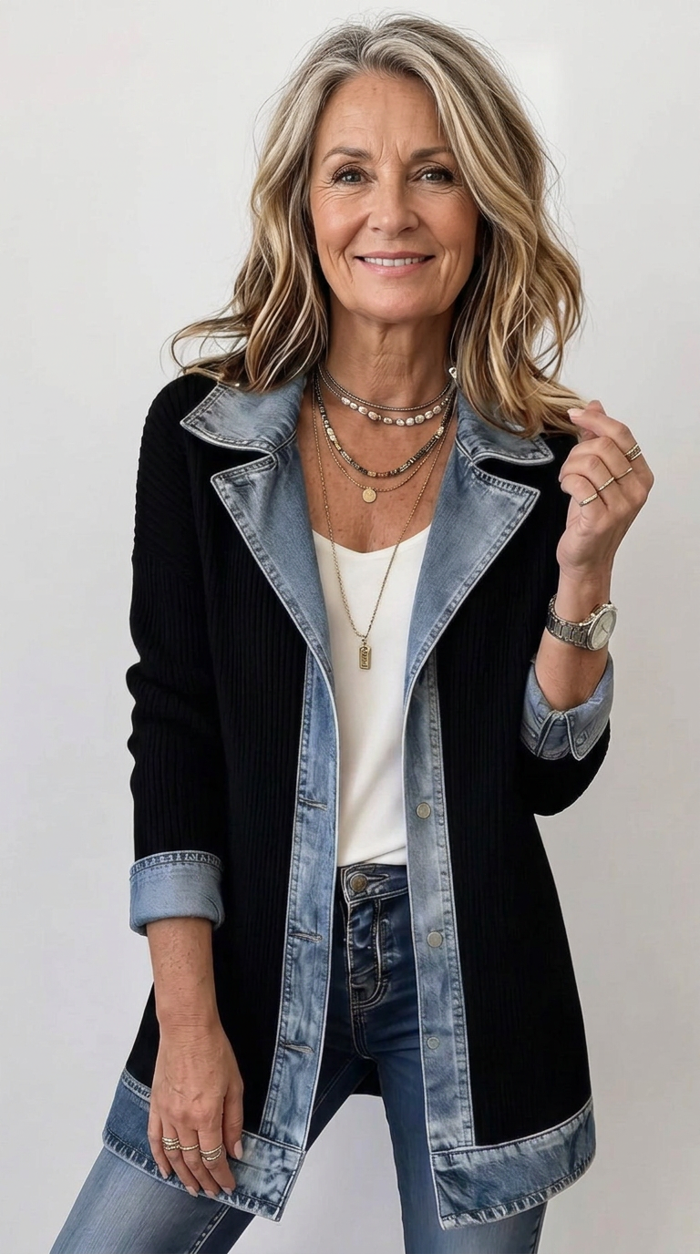 Relaxed Fit Knit Jacket with Denim Accents