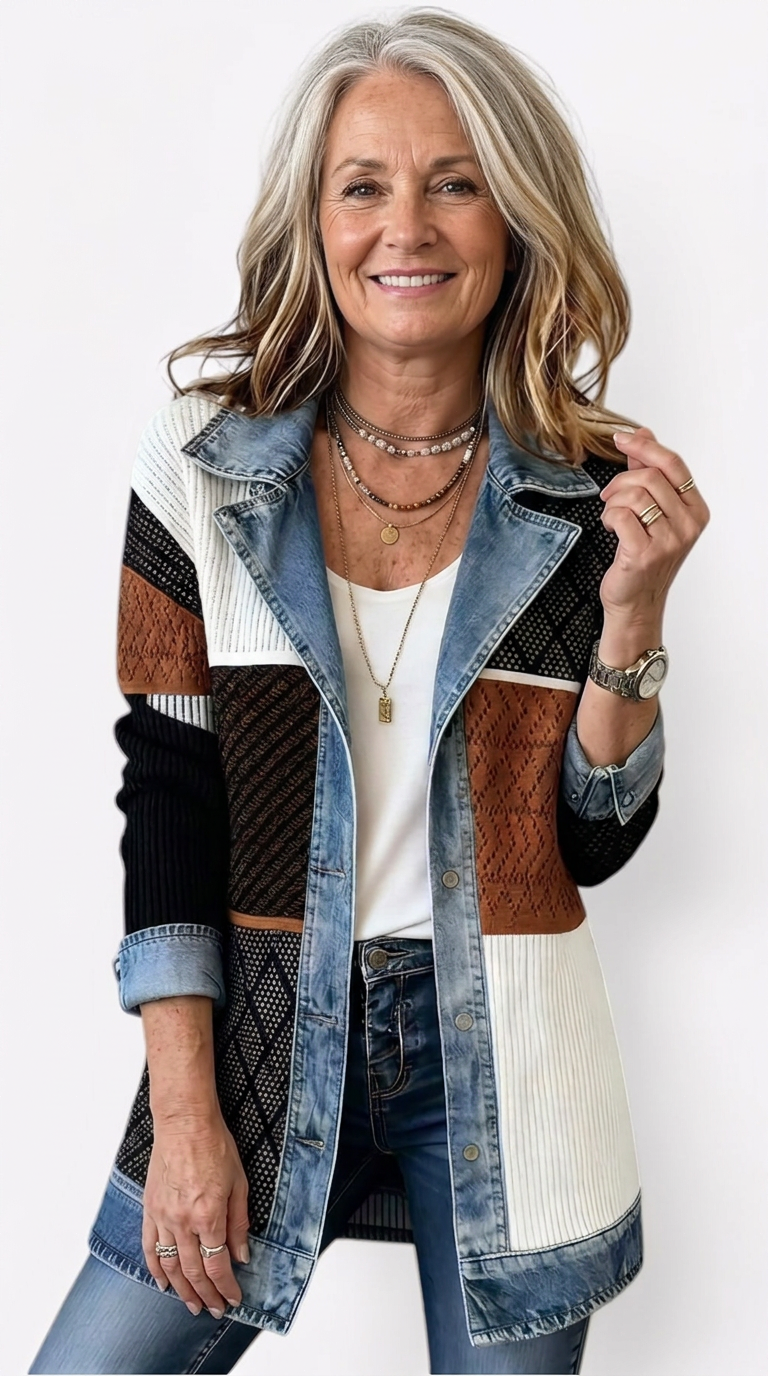 Relaxed Fit Knit Jacket with Denim Accents
