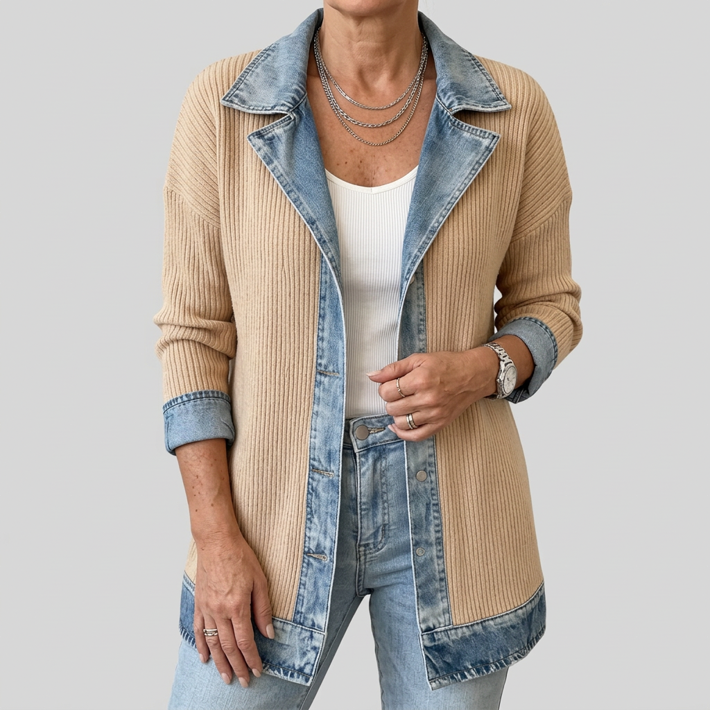 Relaxed Fit Knit Jacket with Denim Accents