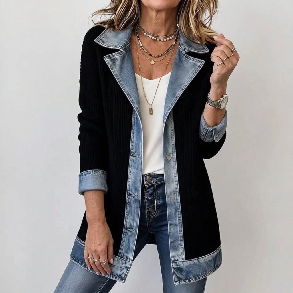 Relaxed Fit Knit Jacket with Denim Accents