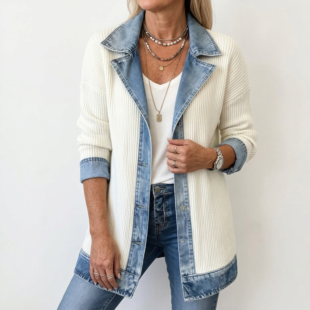 Relaxed Fit Knit Jacket with Denim Accents