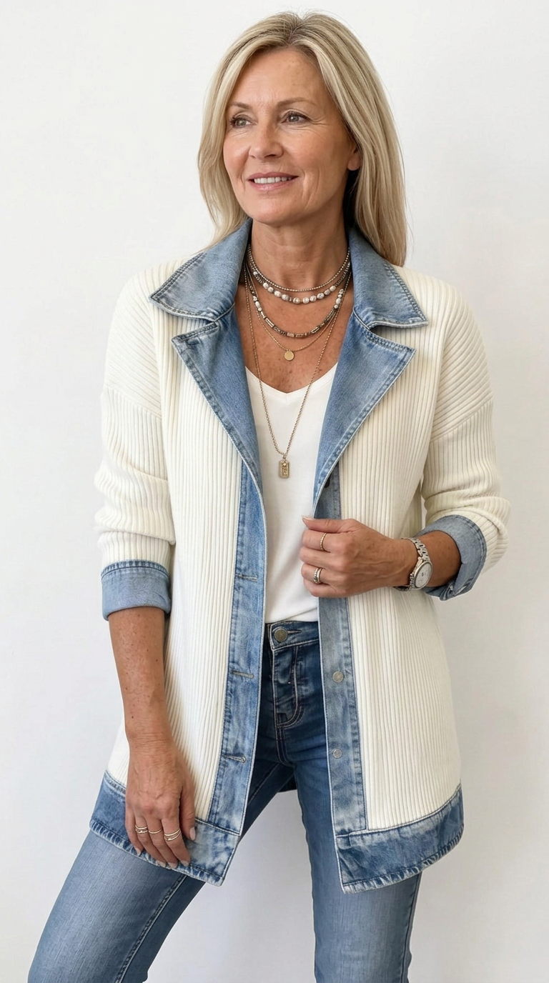Relaxed Fit Knit Jacket with Denim Accents