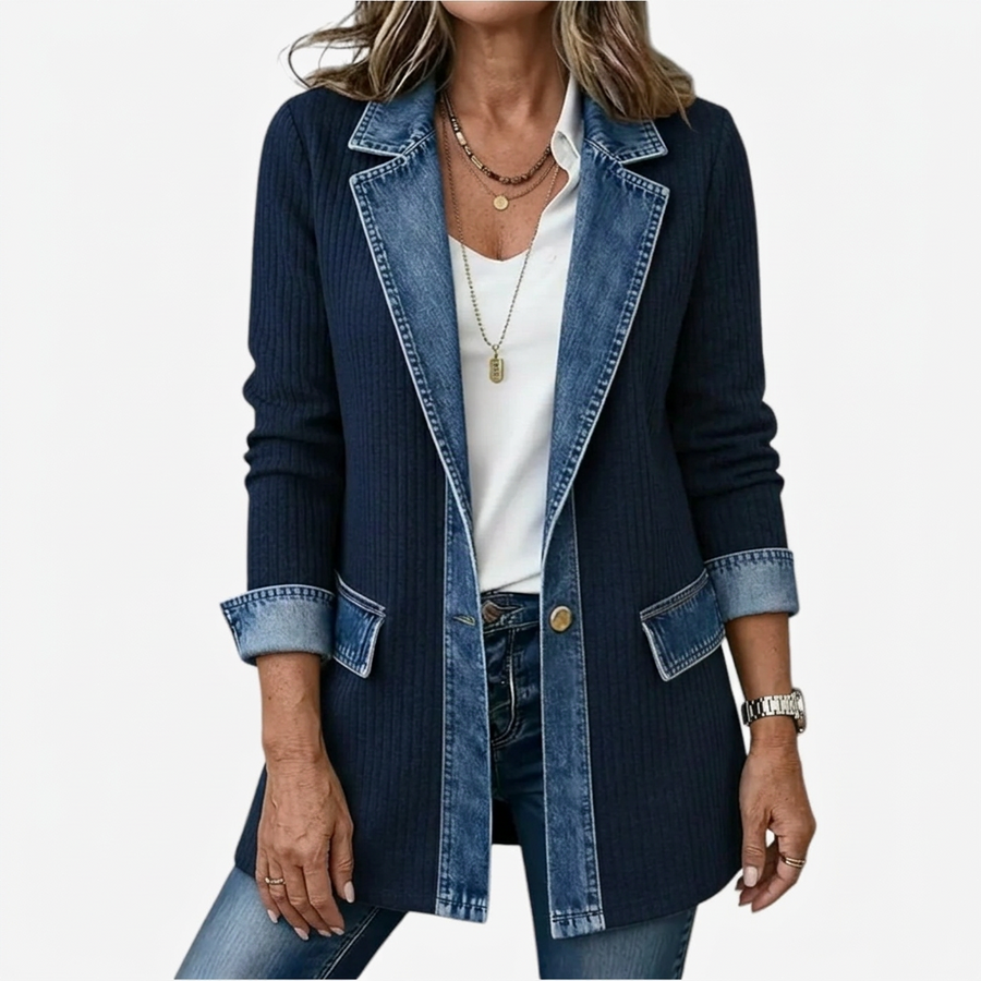 Relaxed Fit Knit Jacket with Denim Accents