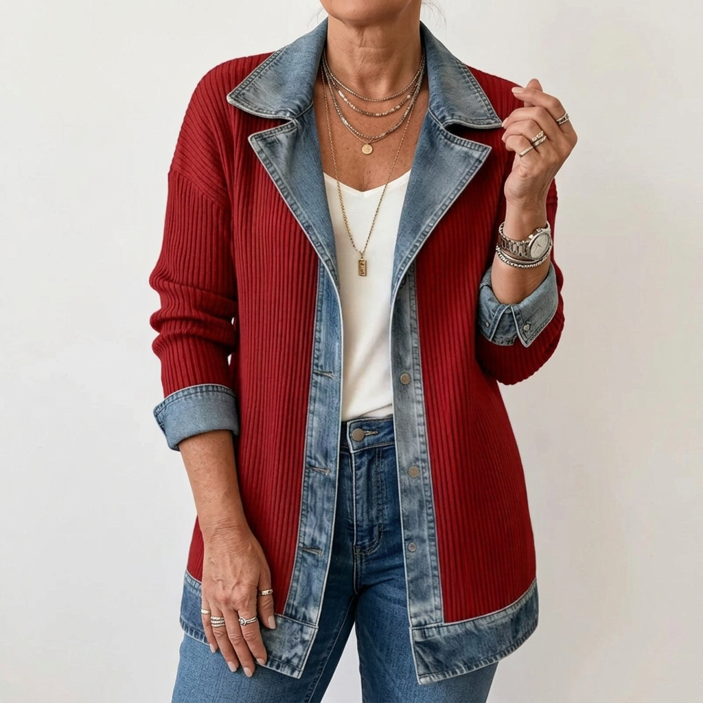 Relaxed Fit Knit Jacket with Denim Accents