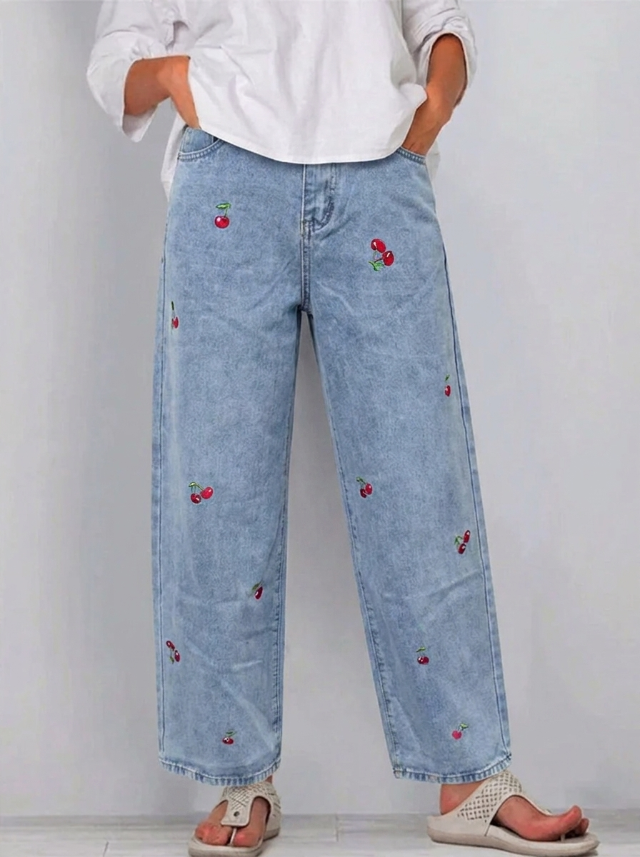 Women's Heart Print Denim Trousers in Blue
