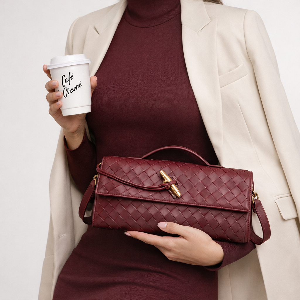 Women’s Woven Vegan Leather Evening Clutch Shoulder Bag