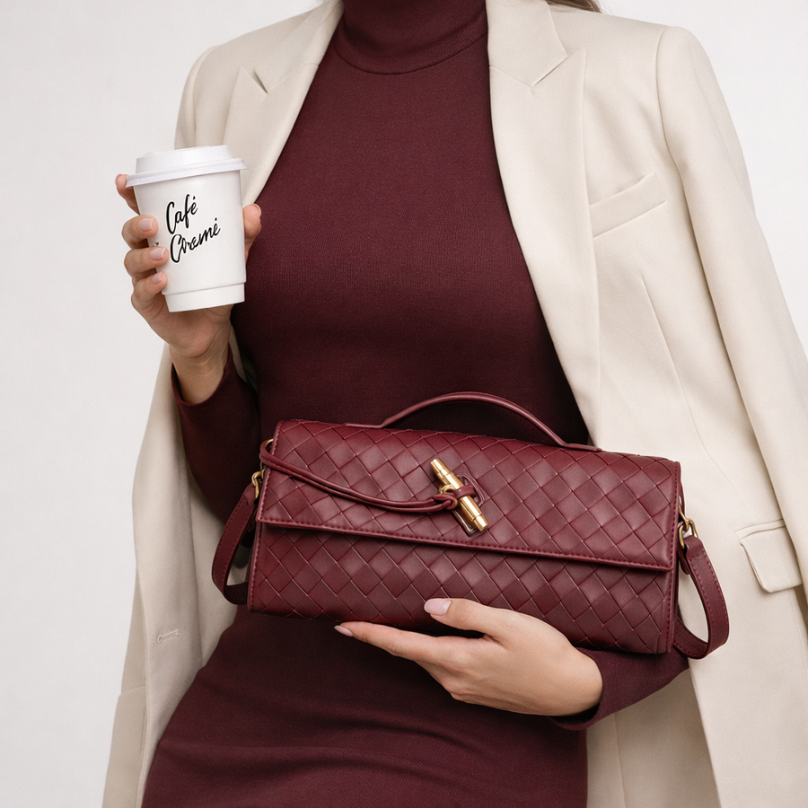 Women’s Woven Vegan Leather Evening Clutch Shoulder Bag